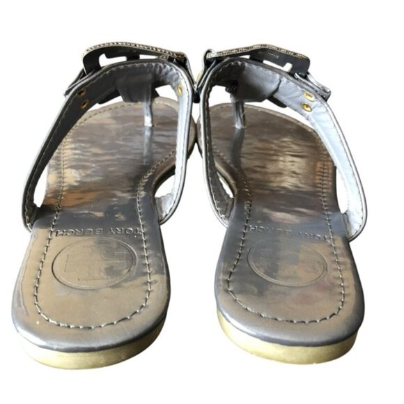 Tory Burch Miller Sandals Gunmetal Leather Thong Size 7 Metallic - Picture 4 of 15